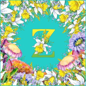 LETTER Z MONOGRAM DAFFODILS WATERCOLOR FLOWERS TURQUOISE