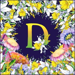 LETTER D MONOGRAM DAFFODILS WATERCOLOR FLOWERS DEEP BLUE