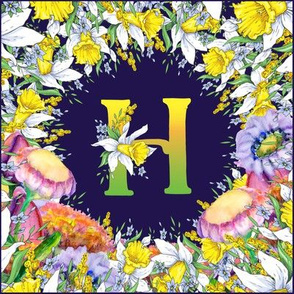 LETTER H MONOGRAM DAFFODILS WATERCOLOR FLOWERS DEEP BLUE