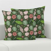 Tropical leaves and floral green and pink