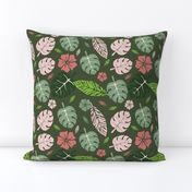 Tropical leaves and floral green and pink