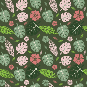 Tropical leaves and floral green and pink