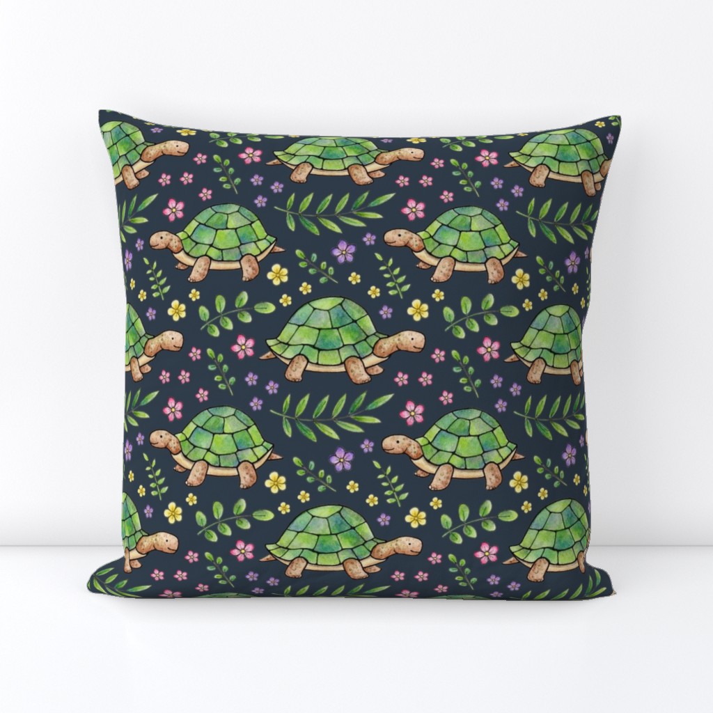 Tortoises and Flowers on Navy-grey - large scale