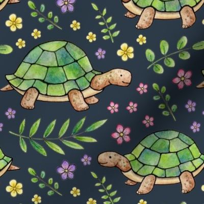 Tortoises and Flowers on Navy-grey - large scale