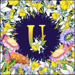 LETTER U MONOGRAM DAFFODILS WATERCOLOR FLOWERS DEEP BLUE