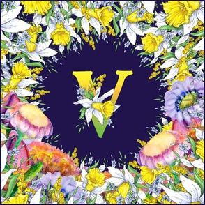 LETTER V MONOGRAM DAFFODILS WATERCOLOR FLOWERS DEEP BLUE