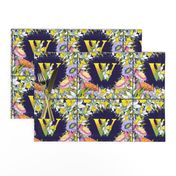 LETTER W MONOGRAM DAFFODILS WATERCOLOR FLOWERS DEEP BLUE