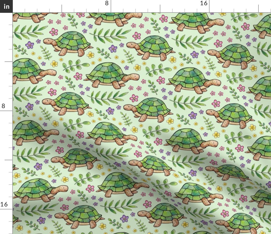 Tortoises and Flowers on Pale Green