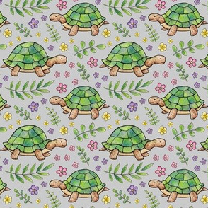 Tortoises and Flowers on Light Grey