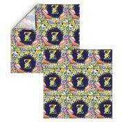 LETTER Z MONOGRAM DAFFODILS WATERCOLOR FLOWERS DEEP BLUE