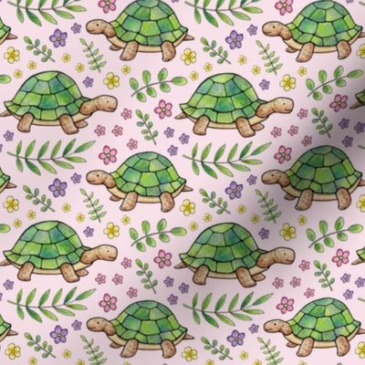 Tortoises and Flowers on Pale Pink
