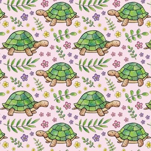Tortoises and Flowers on Pale Pink