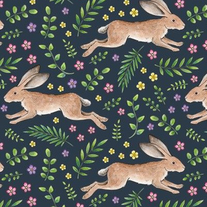 Leaping Spring Hares on navy