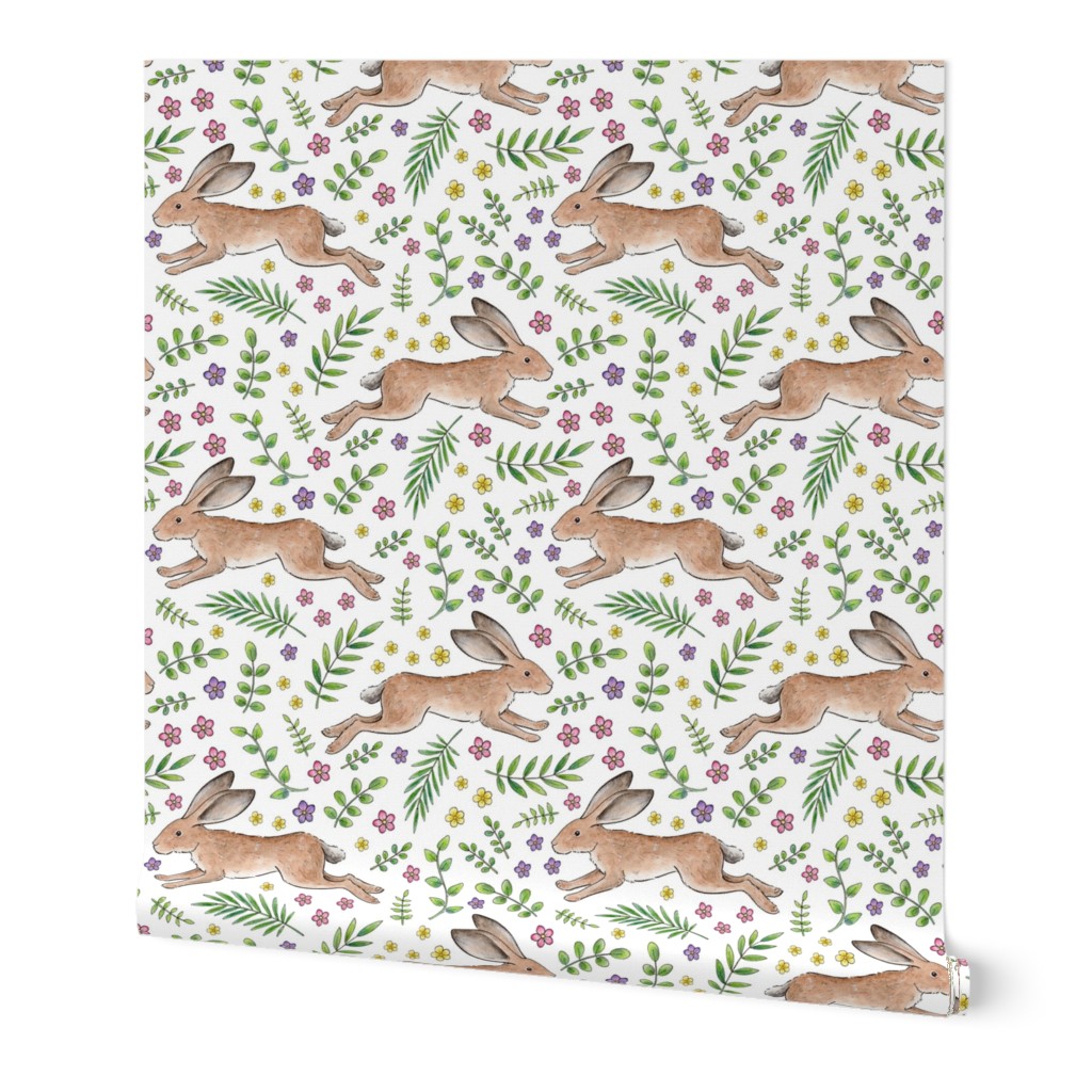 Leaping Spring Hares on white - large scale