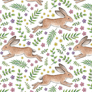 Leaping Spring Hares on white - large scale