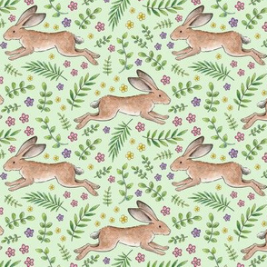 Leaping Spring Hares on pale green