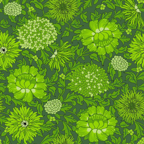 Vintage light green flowers. Dark green background