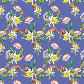 DAFFODILS WATERCOLOR FLOWERS COORDINATE PERIWINKLE BLUE