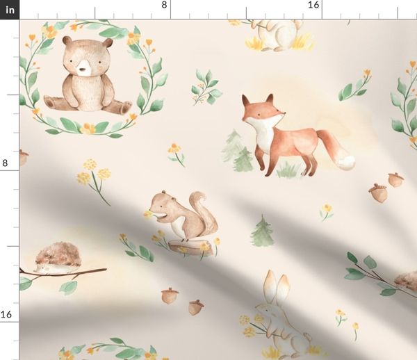 Cotton Linen Look Fabric  Forest Friends Vintage style Fox Hedgehog Large Design