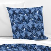 Scottish Blue Thistles Finches Cornflower Blue Linen Texture, Prickly Scottish Thistle Flower Weeds Blue Finches, Scottish Thistle Garden Weed Thistle Finch Bird, Traditional Highland Clan Symbol, Dark Blue Heraldry Inspired Royal Symbol, Painterly Floral