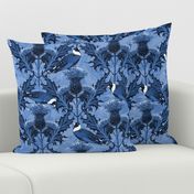 Scottish Blue Thistles Finches Cornflower Blue Linen Texture, Prickly Scottish Thistle Flower Weeds Blue Finches, Scottish Thistle Garden Weed Thistle Finch Bird, Traditional Highland Clan Symbol, Dark Blue Heraldry Inspired Royal Symbol, Painterly Floral