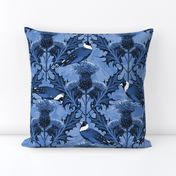 Scottish Blue Thistles Finches Cornflower Blue Linen Texture, Prickly Scottish Thistle Flower Weeds Blue Finches, Scottish Thistle Garden Weed Thistle Finch Bird, Traditional Highland Clan Symbol, Dark Blue Heraldry Inspired Royal Symbol, Painterly Floral