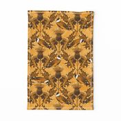 Vintage Flora Scottish Thistles Gold Monochrome Finches, Royal Gold Birds Gold Flora Thistles Cottagecore Chic, Wildflowers Floral Texture Goldfinch Birds, Traditional Scottish Highlands Decor, Ancient National Symbol Highland Floral, English Style Purple