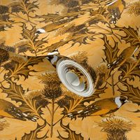 Vintage Flora Scottish Thistles Gold Monochrome Finches, Royal Gold Birds Gold Flora Thistles Cottagecore Chic, Wildflowers Floral Texture Goldfinch Birds, Traditional Scottish Highlands Decor, Ancient National Symbol Highland Floral, English Style Purple