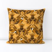 Vintage Flora Scottish Thistles Gold Monochrome Finches, Royal Gold Birds Gold Flora Thistles Cottagecore Chic, Wildflowers Floral Texture Goldfinch Birds, Traditional Scottish Highlands Decor, Ancient National Symbol Highland Floral, English Style Purple