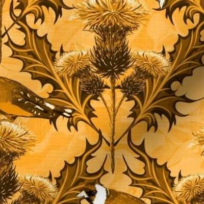 Vintage Flora Scottish Thistles Gold Monochrome Finches | Royal Gold Birds Gold Flora Thistles Cottagecore Chic | Wildflowers Floral Texture Goldfinch Birds