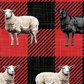 Buffalo Plaid Black Sheep Farm Animal Red Check, Wool Fleece Farmyard Farmhouse Decor