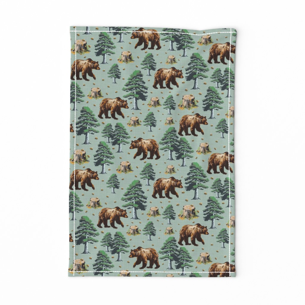 Flying Honey Bees, Brown Bears Country Pattern, Wild Grizzly Bear Forest, Flying Buzzing Bee in Woods on Green