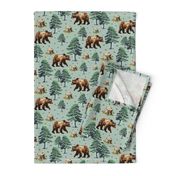 Flying Honey Bees, Brown Bears Country Pattern, Wild Grizzly Bear Forest, Flying Buzzing Bee in Woods on Green