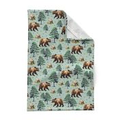 Flying Honey Bees, Brown Bears Country Pattern, Wild Grizzly Bear Forest, Flying Buzzing Bee in Woods on Green