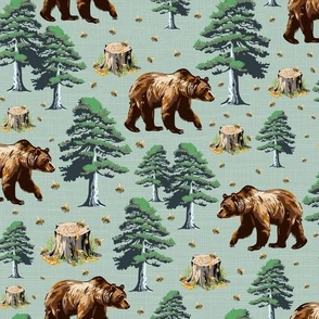 Flying Honey Bees, Brown Bears Country Pattern, Wild Grizzly Bear Forest, Flying Buzzing Bee in Woods on Green, Grizzly Bear Honey Bee Catcher, Wild Grizzly Brown Bear Forest, Brown Wild Bear Pride, Teal Green Pine Tree Forest Tree Stump, Busy Buzzing Hon