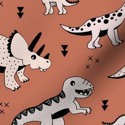 Cool Scandinavian kids dino friends dinosaur pattern rusty autumn copper brown LARGE Jumbo