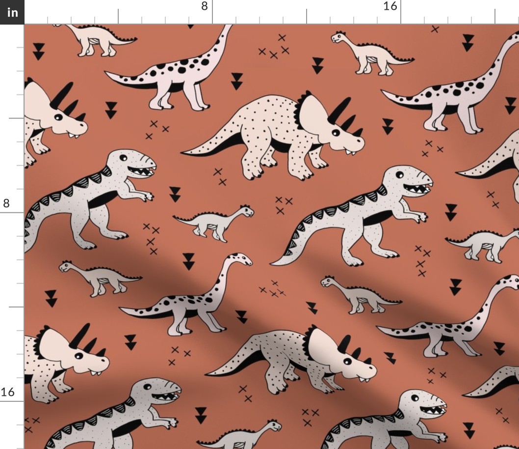 Cool Scandinavian kids dino friends dinosaur pattern rusty autumn copper brown LARGE Jumbo