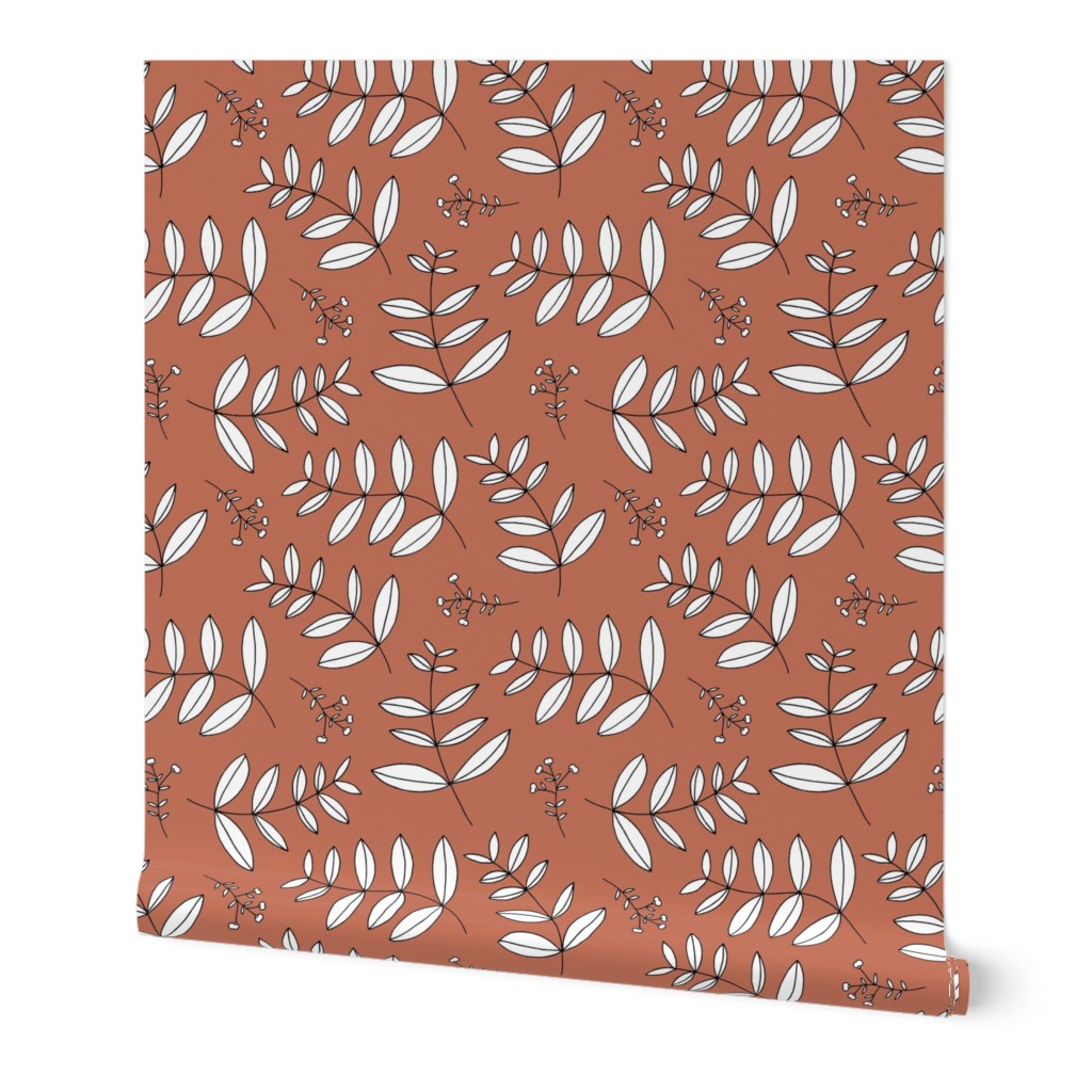 Large leaves and cotton branch botanical garden print autumn copper brown XL Jumbo