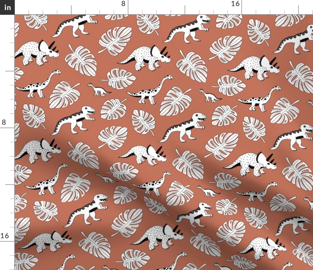 Cool Scandinavian kids dino friends dinosaur pattern rusty autumn leaves copper brown LARGE 