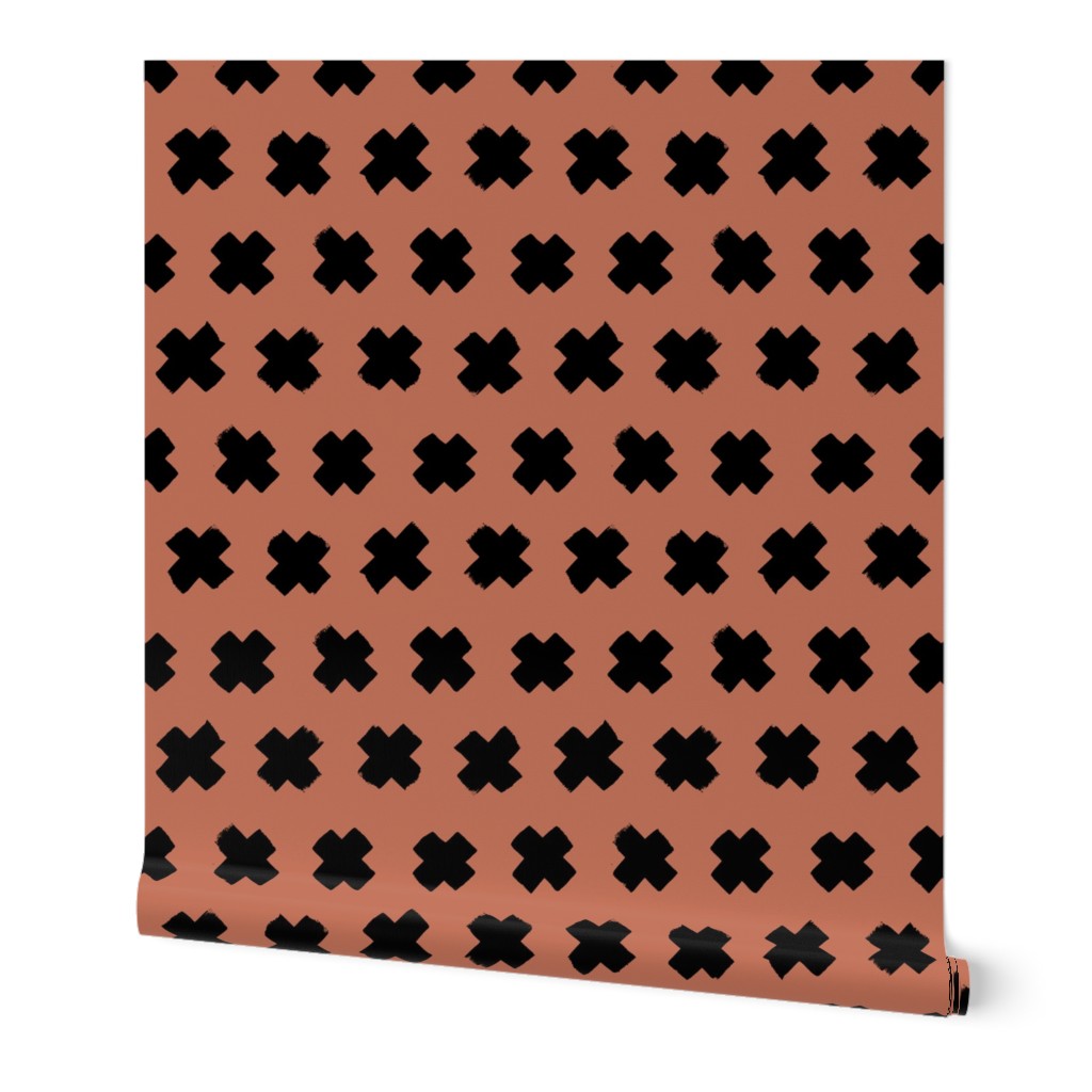 Black and copper brown autumn cross and abstract plus sign geometric grunge brush strokes scandinavian style print