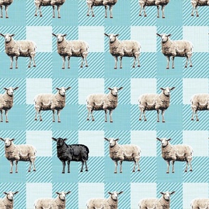 Black and White Sheep on Blue Gingham, Whimsical Farmhouse Fleecy Wool Farmyard Animals in a Row, Odd One Out Black Sheep, Quirky Country Cottage Farm Animals, Knitting Lover Apron, Love Knitting Bedding, Knitters Throw Pillow, Woolly Sheep