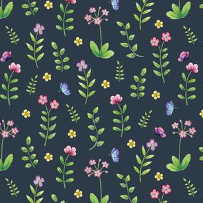 Meadow Flowers and Butterflies on navy