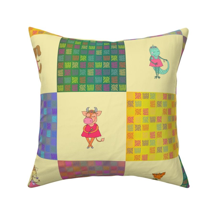 6" PATCHWORK ANIMALS CHECKERBOARD ON BUTTER YELLOW cheaterquilt