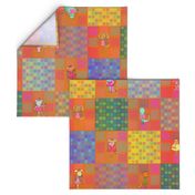 6"  PATCHWORK ANIMALS CHEATERQUILT ON ORANGE CHECKERBOARD