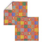 3" PATCHWORK ANIMALS CHEATERQUILT  ON ORANGE CHECKERBOARD