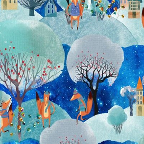 WINTER FOXES WALK TOWN BLUE AQUA TEAL STARRY SKY WOODLAND