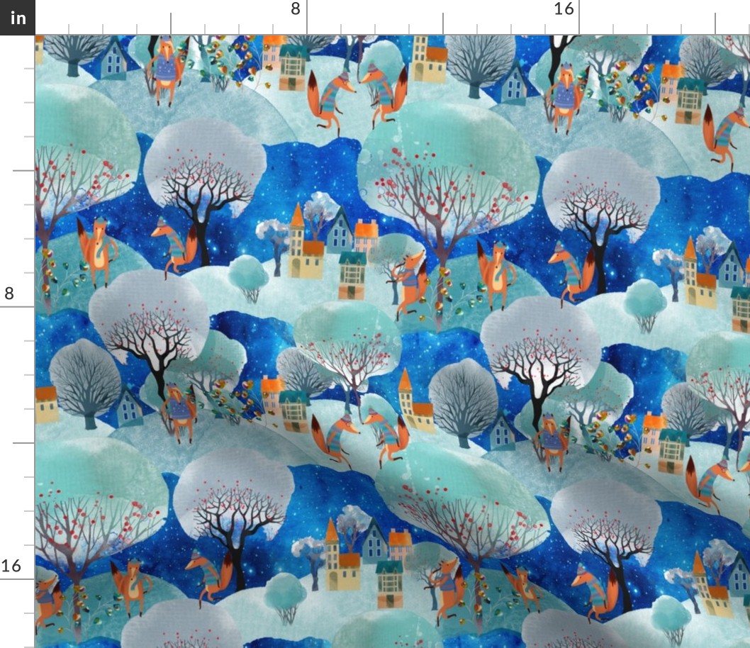 WINTER FOXES WALK TOWN BLUE AQUA TEAL STARRY SKY WOODLAND