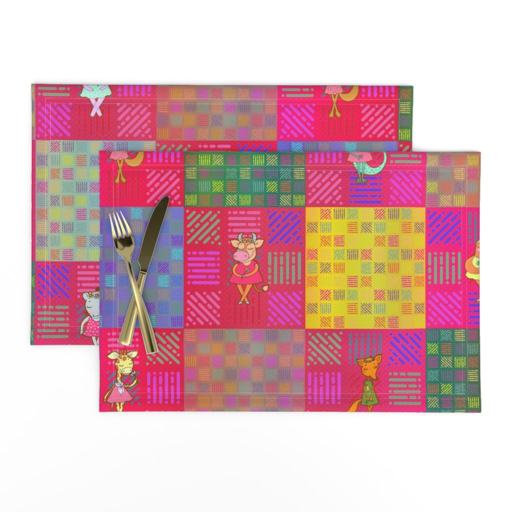 6" PATCHWORK ANIMALS CHEATERQUILT ON PINK WATERMELON cherry RED CHECKERBOARD