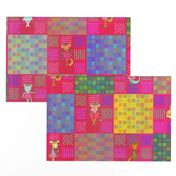 6" PATCHWORK ANIMALS CHEATERQUILT ON PINK WATERMELON cherry RED CHECKERBOARD