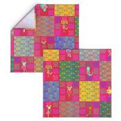 6" PATCHWORK ANIMALS CHEATERQUILT ON PINK WATERMELON cherry RED CHECKERBOARD